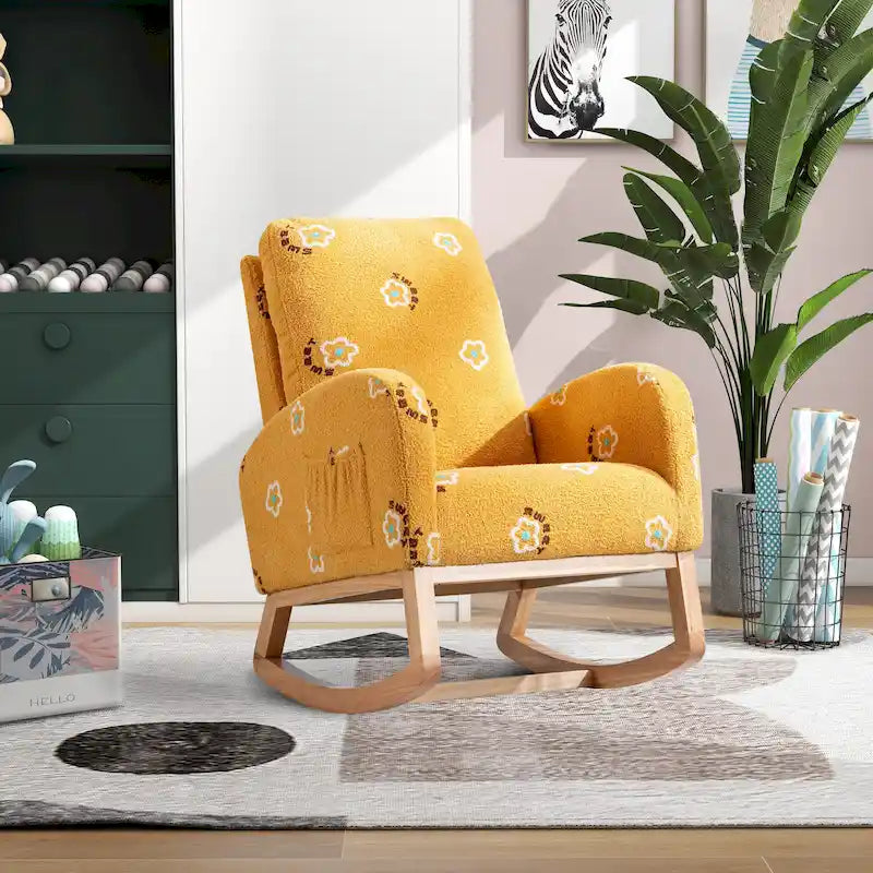 Fauteuil à bascule moderne rembourré avec poche latérale, chaise de chambre d'enfant en bois à dossier haut