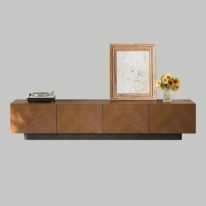 Meuble TV moderne du milieu du siècle 78,74, avec placage en bois massif brun, console multimédia avec 4 placards