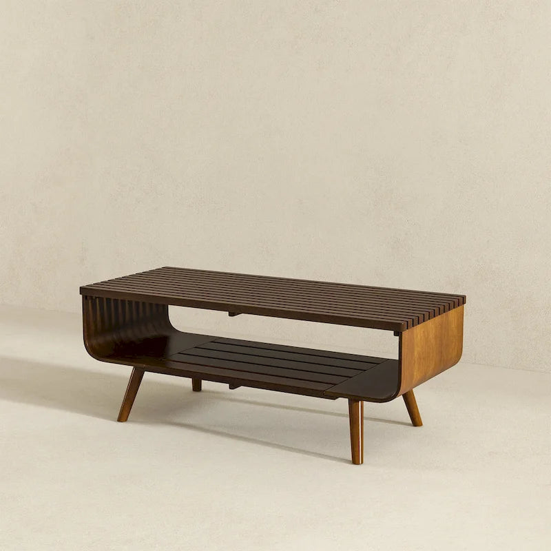 Table basse rectangulaire Adelina en bois massif marron, style Mid-Century