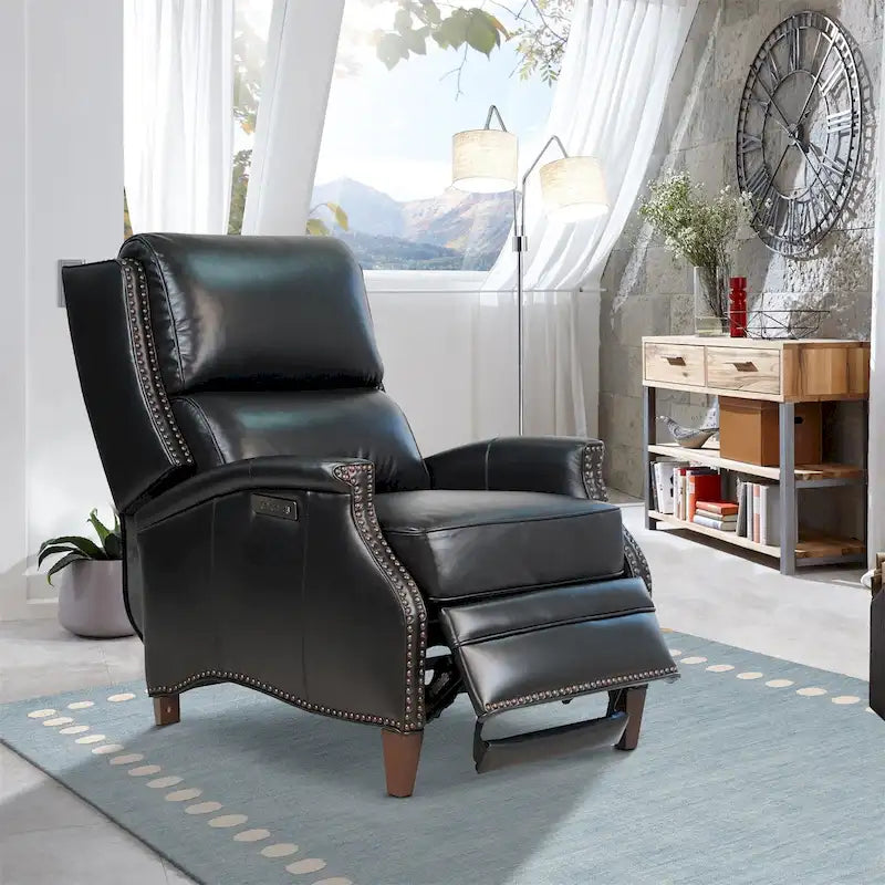 Fauteuil inclinable électrique Hekkin en cuir véritable avec appui-tête réglable et port USB - Siège de salon ultra-confortable