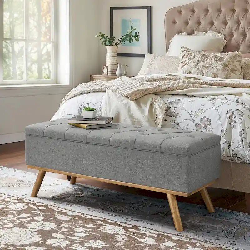 Pouf de rangement LUE BONA style moderne du milieu du siècle, capitonné en tissu avec assise en lin