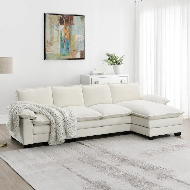 Canapé d'angle en chenille Cloud 118 x 55 cm avec coussins d'assise doubles, canapé-lit 5 places avec méridienne