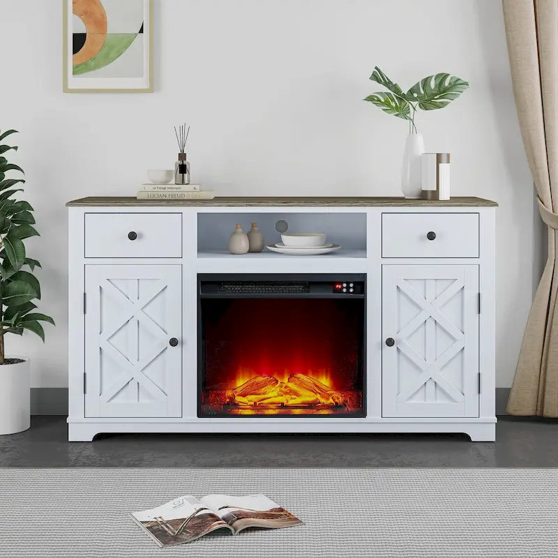 Meuble TV style ferme avec cheminée pour téléviseur jusqu'à 65 pouces - 60 cm (L) x 33 cm (H) x 15,5 cm (P)