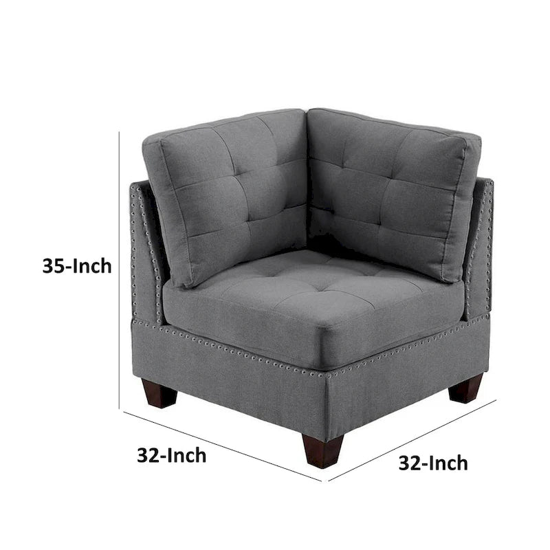 Fauteuil d'angle modulaire Lemy 32 pouces, revêtement gris capitonné, bois massif