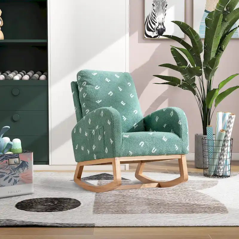 Fauteuil à bascule moderne rembourré avec poche latérale, chaise de chambre d'enfant en bois à dossier haut