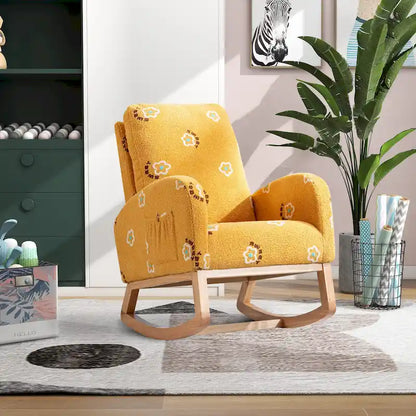Fauteuil à bascule moderne rembourré avec poche latérale, chaise de chambre d'enfant en bois à dossier haut