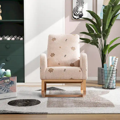 Fauteuil à bascule moderne rembourré avec poche latérale, chaise de chambre d'enfant en bois à dossier haut