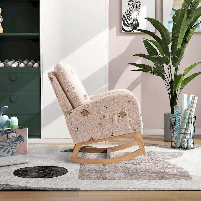 Fauteuil à bascule moderne rembourré avec poche latérale, chaise de chambre d'enfant en bois à dossier haut