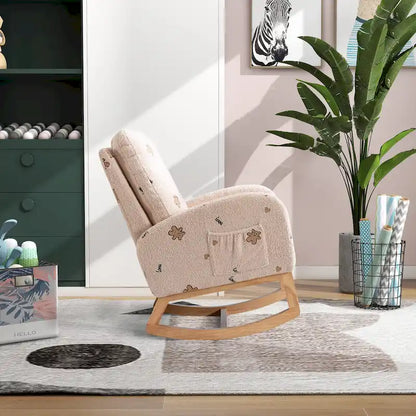 Fauteuil à bascule moderne rembourré avec poche latérale, chaise de chambre d'enfant en bois à dossier haut
