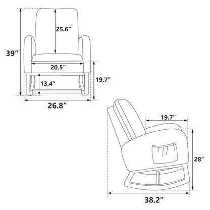 Fauteuil à bascule moderne rembourré avec poche latérale, chaise de chambre d'enfant en bois à dossier haut