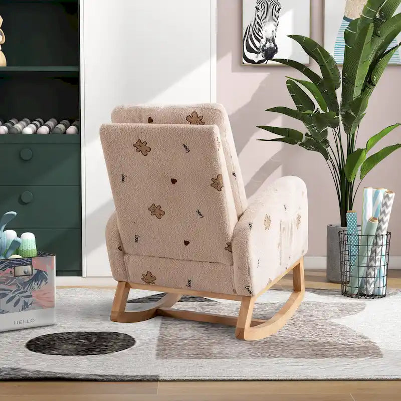 Fauteuil à bascule moderne rembourré avec poche latérale, chaise de chambre d'enfant en bois à dossier haut