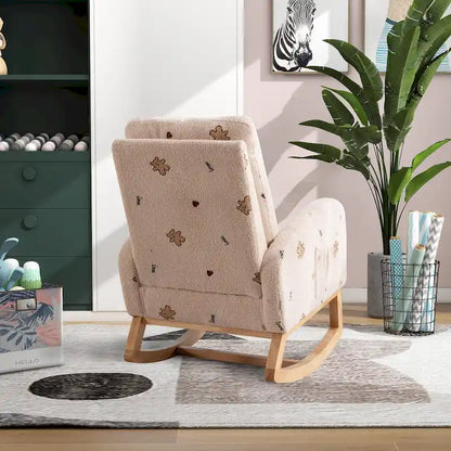 Fauteuil à bascule moderne rembourré avec poche latérale, chaise de chambre d'enfant en bois à dossier haut
