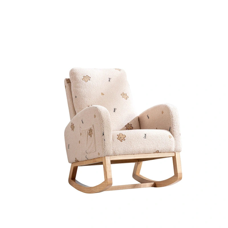 Fauteuil à bascule moderne rembourré avec poche latérale, chaise de chambre d'enfant en bois à dossier haut