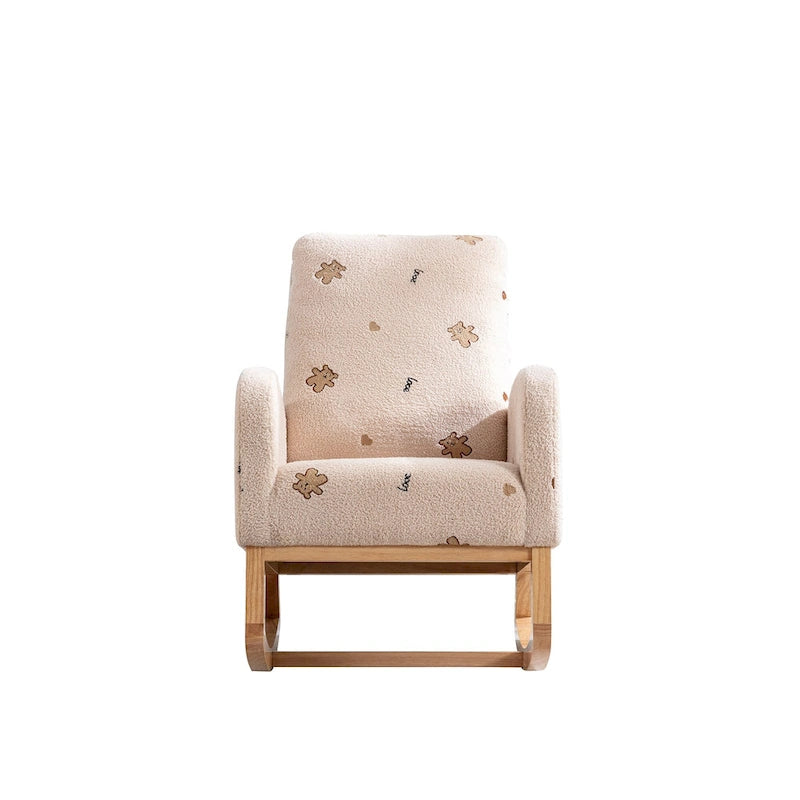 Fauteuil à bascule moderne rembourré avec poche latérale, chaise de chambre d'enfant en bois à dossier haut