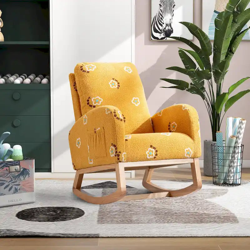 Fauteuil à bascule moderne rembourré avec poche latérale, chaise de chambre d'enfant en bois à dossier haut