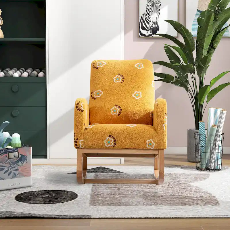 Fauteuil à bascule moderne rembourré avec poche latérale, chaise de chambre d'enfant en bois à dossier haut