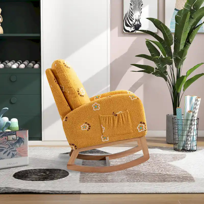 Fauteuil à bascule moderne rembourré avec poche latérale, chaise de chambre d'enfant en bois à dossier haut