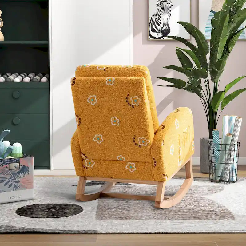 Fauteuil à bascule moderne rembourré avec poche latérale, chaise de chambre d'enfant en bois à dossier haut