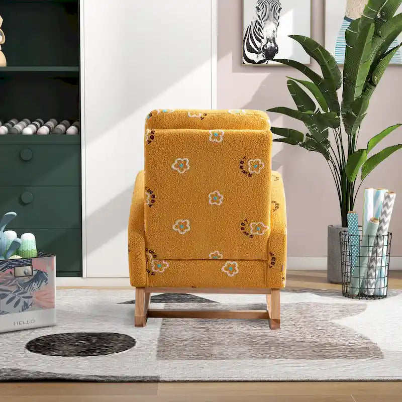 Fauteuil à bascule moderne rembourré avec poche latérale, chaise de chambre d'enfant en bois à dossier haut