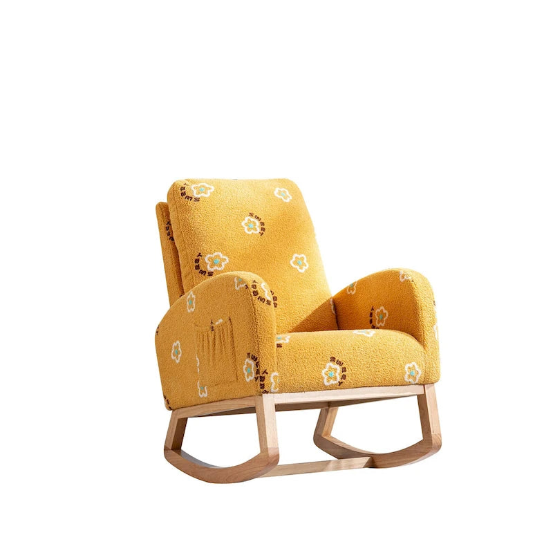Fauteuil à bascule moderne rembourré avec poche latérale, chaise de chambre d'enfant en bois à dossier haut