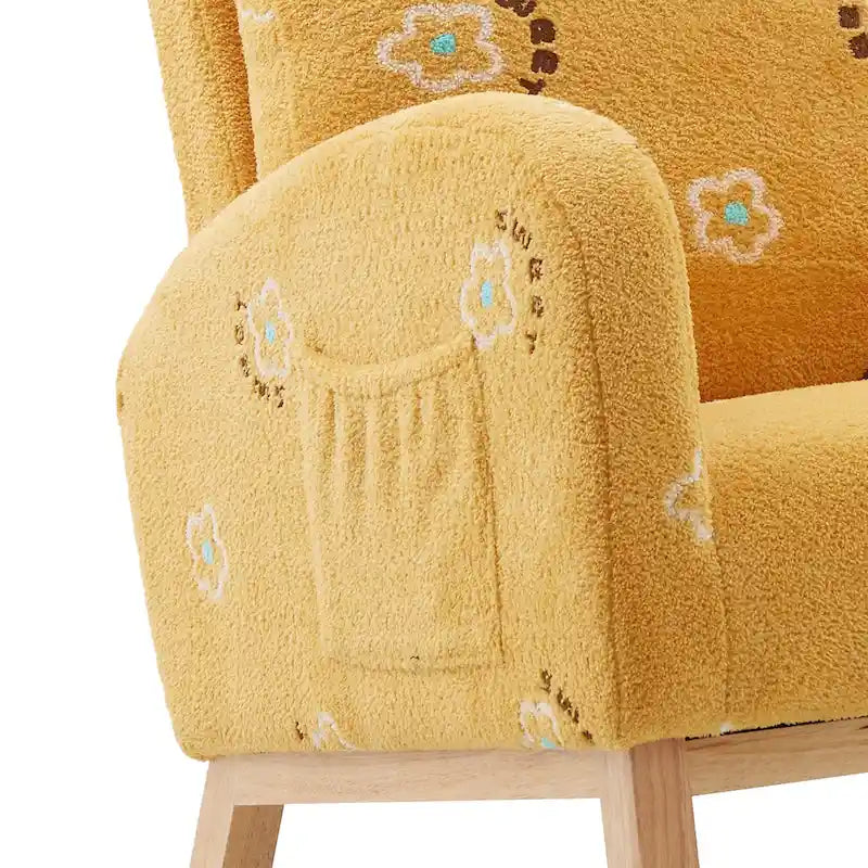 Fauteuil à bascule moderne rembourré avec poche latérale, chaise de chambre d'enfant en bois à dossier haut