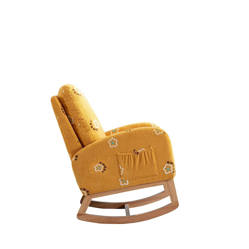 Fauteuil à bascule moderne rembourré avec poche latérale, chaise de chambre d'enfant en bois à dossier haut