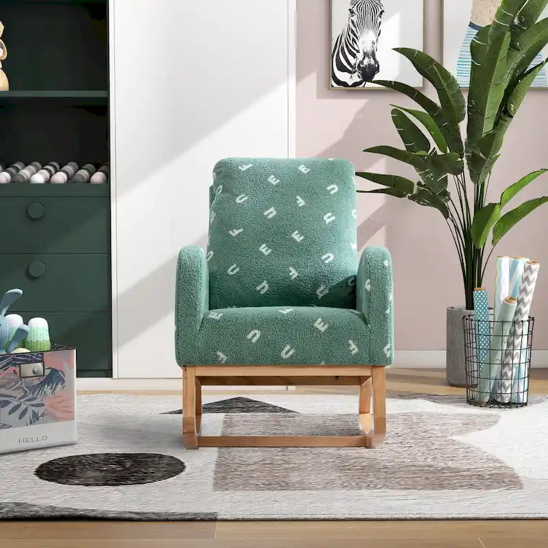 Fauteuil à bascule moderne rembourré avec poche latérale, chaise de chambre d'enfant en bois à dossier haut