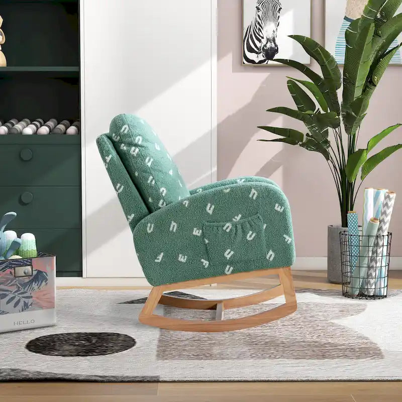 Fauteuil à bascule moderne rembourré avec poche latérale, chaise de chambre d'enfant en bois à dossier haut