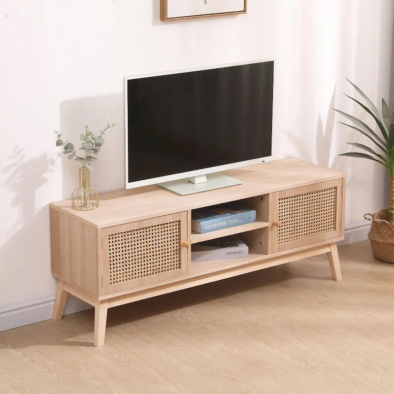 Meuble TV bohème pour téléviseur 55 pouces, centre multimédia avec étagère réglable