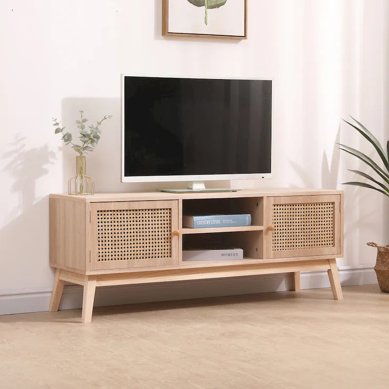 Meuble TV bohème pour téléviseur 55 pouces, centre multimédia avec étagère réglable
