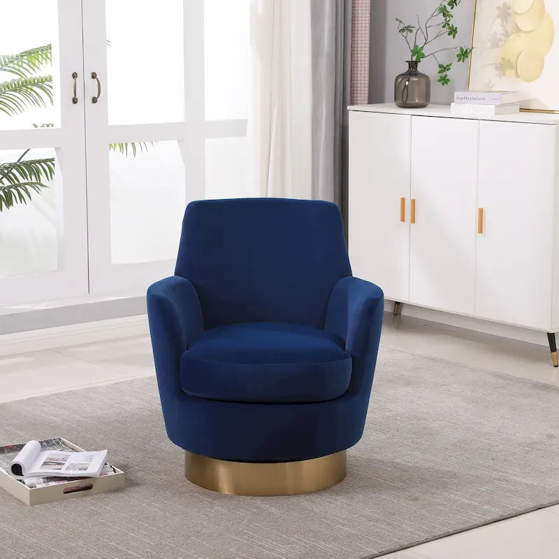Fauteuil pivotant rembourré en velours bleu marine 29,3 pouces avec base en acier inoxydable