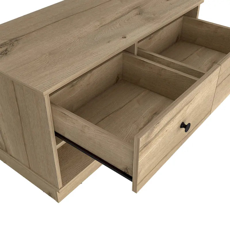 Banc de rangement, étagère inférieure, deux tiroirs, finition chêne clair