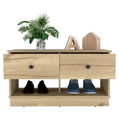 Banc de rangement, étagère inférieure, deux tiroirs, finition chêne clair