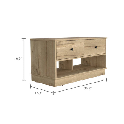 Banc de rangement, étagère inférieure, deux tiroirs, finition chêne clair