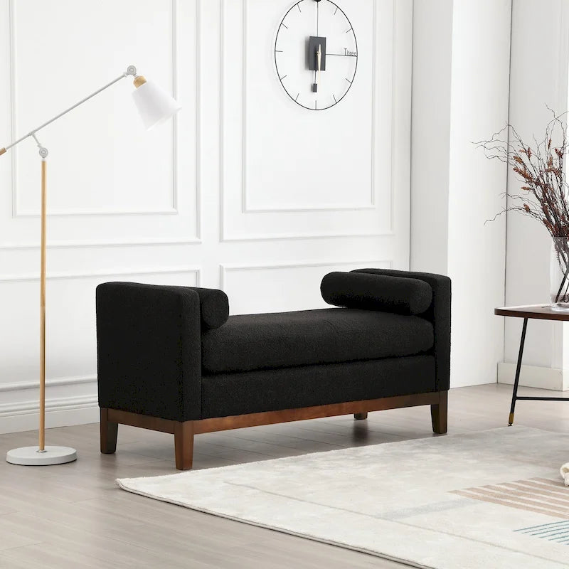 Banc/pouf élégant de 53,5 cm de large, capitonné, avec pieds en bois et coussins cylindriques, idéal pour le pied de lit, la chambre, le salon ou l'entrée.