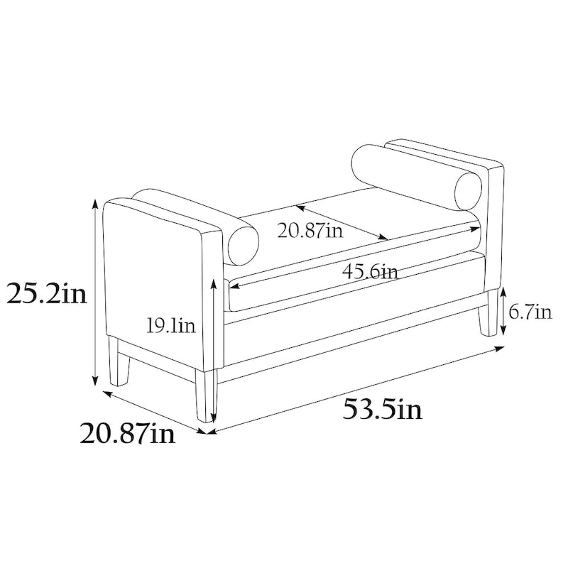 Banc/pouf élégant de 53,5 cm de large, capitonné, avec pieds en bois et coussins cylindriques, idéal pour le pied de lit, la chambre, le salon ou l'entrée.
