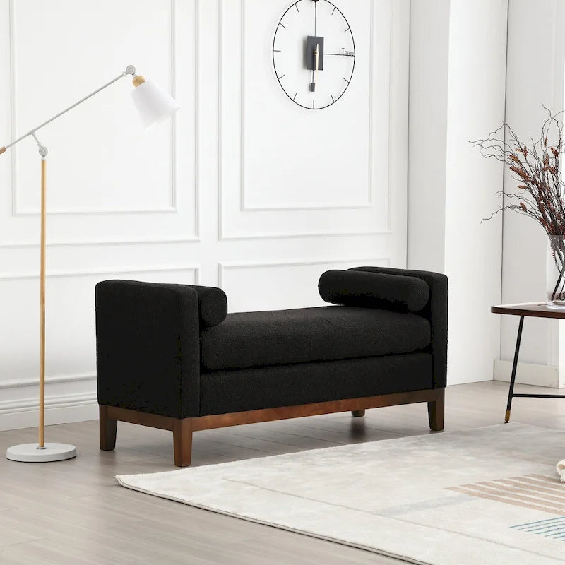 Banc/pouf élégant de 53,5 cm de large, capitonné, avec pieds en bois et coussins cylindriques, idéal pour le pied de lit, la chambre, le salon ou l'entrée.