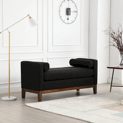 Banc/pouf élégant de 53,5 cm de large, capitonné, avec pieds en bois et coussins cylindriques, idéal pour le pied de lit, la chambre, le salon ou l'entrée.