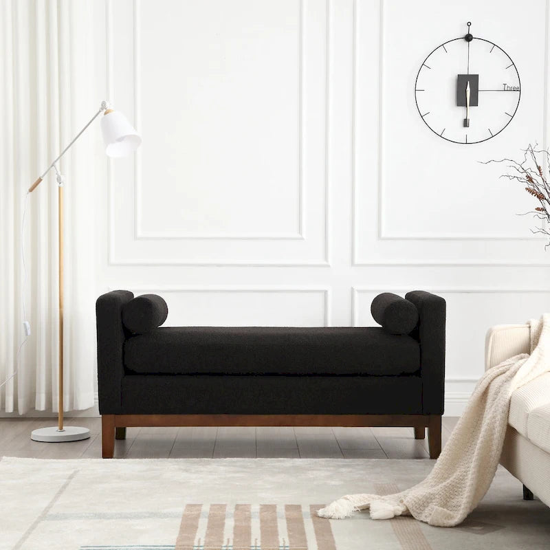 Banc/pouf élégant de 53,5 cm de large, capitonné, avec pieds en bois et coussins cylindriques, idéal pour le pied de lit, la chambre, le salon ou l'entrée.