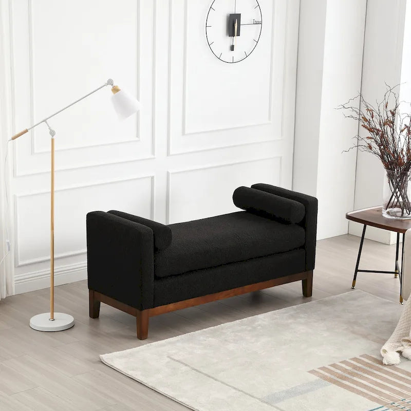 Banc/pouf élégant de 53,5 cm de large, capitonné, avec pieds en bois et coussins cylindriques, idéal pour le pied de lit, la chambre, le salon ou l'entrée.
