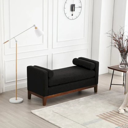 Banc/pouf élégant de 53,5 cm de large, capitonné, avec pieds en bois et coussins cylindriques, idéal pour le pied de lit, la chambre, le salon ou l'entrée.