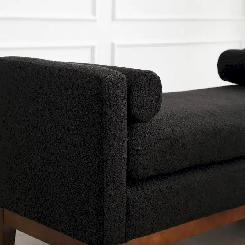 Banc/pouf élégant de 53,5 cm de large, capitonné, avec pieds en bois et coussins cylindriques, idéal pour le pied de lit, la chambre, le salon ou l'entrée.