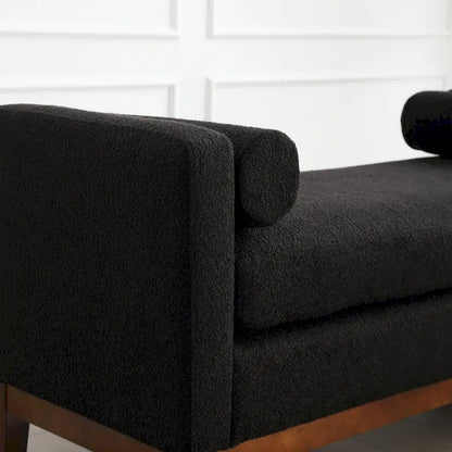 Banc/pouf élégant de 53,5 cm de large, capitonné, avec pieds en bois et coussins cylindriques, idéal pour le pied de lit, la chambre, le salon ou l'entrée.