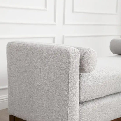 Banc/pouf élégant de 53,5 cm de large, capitonné, avec pieds en bois et coussins cylindriques, idéal pour le pied de lit, la chambre, le salon ou l'entrée.