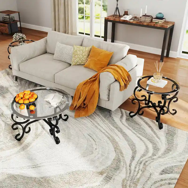 Ensemble de 3 tables basses avec plateau en verre trempé, table d'appoint ronde robuste pour salon