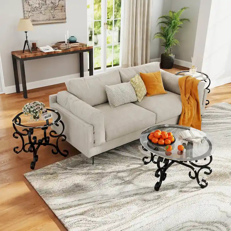 Ensemble de 3 tables basses avec plateau en verre trempé, table d'appoint ronde robuste pour salon