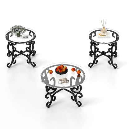 Ensemble de 3 tables basses avec plateau en verre trempé, table d'appoint ronde robuste pour salon
