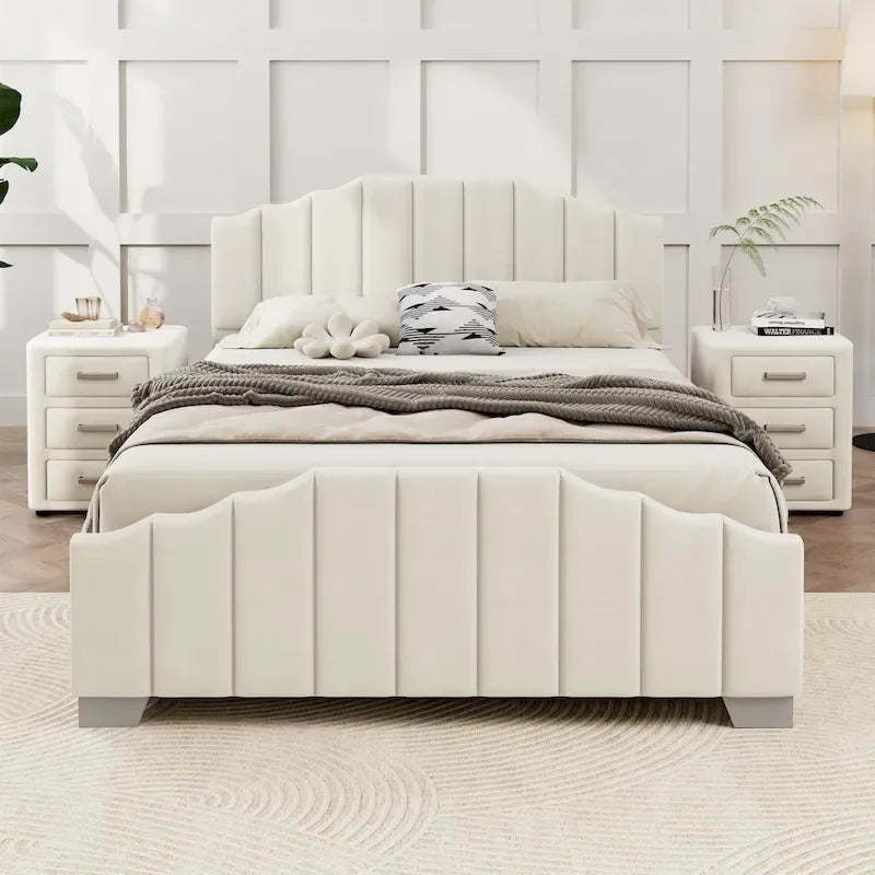 Ensemble de chambre moderne pour lit king size, avec tête de lit plateforme rembourrée et 2 tables de chevet à 3 tiroirs, sommier non requis.