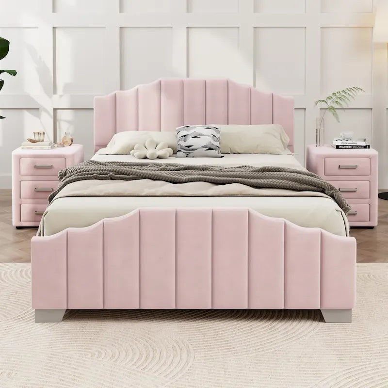Ensemble de chambre moderne pour lit king size, avec tête de lit plateforme rembourrée et 2 tables de chevet à 3 tiroirs, sommier non requis.