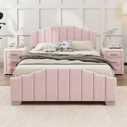 Ensemble de chambre moderne pour lit king size, avec tête de lit plateforme rembourrée et 2 tables de chevet à 3 tiroirs, sommier non requis.
